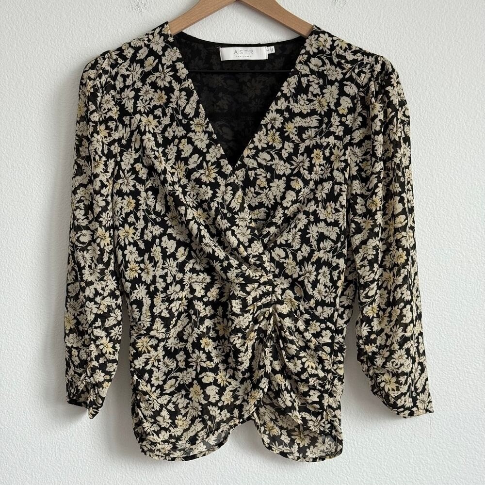 ASTR The Label Floral V Neck Wrapped Blouse Whimsigoth Dark Cottagecore Coquette